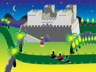 Biblical Christmas scene with journey of three wise men from east, King Herod near palace - abstract graphics, illustration. Topics: computer graphics, history, religion, faith, card