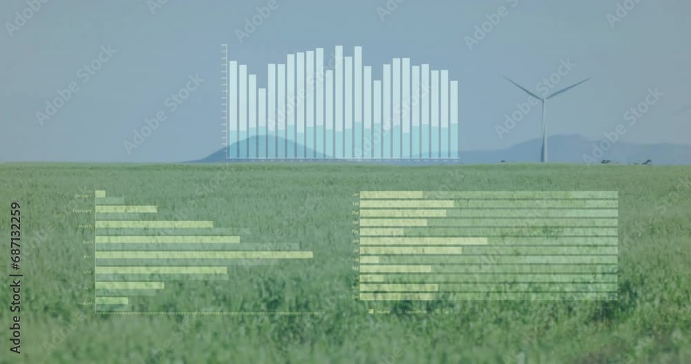 Poster animation of financial data processing over wind turbines field in countryside