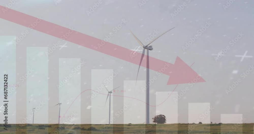 Poster animation of red arrow and financial data processing over wind turbines field in countryside