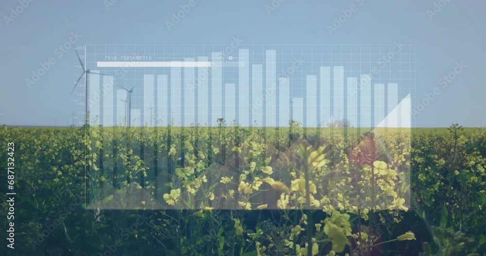 Poster animation of financial data processing over wind turbines field in countryside