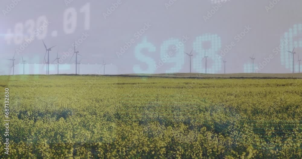 Poster animation of financial data processing over wind turbines field in countryside