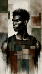 Contemporary front view portrait of an African man with dark skin, against a textured backdrop with geometric and organic patterns.