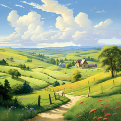 a calm countryside scene with rolling hills and a distant farmhouse.