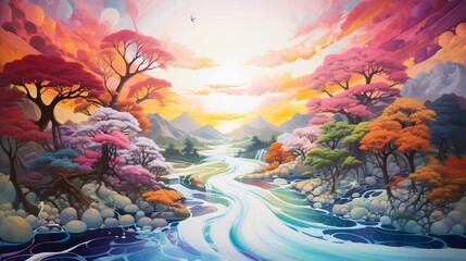 a surreal and dreamlike landscape painted on a white canvas, where vibrant and fantastical colors blend seamlessly, transporting viewers into a whimsical and imaginative world.