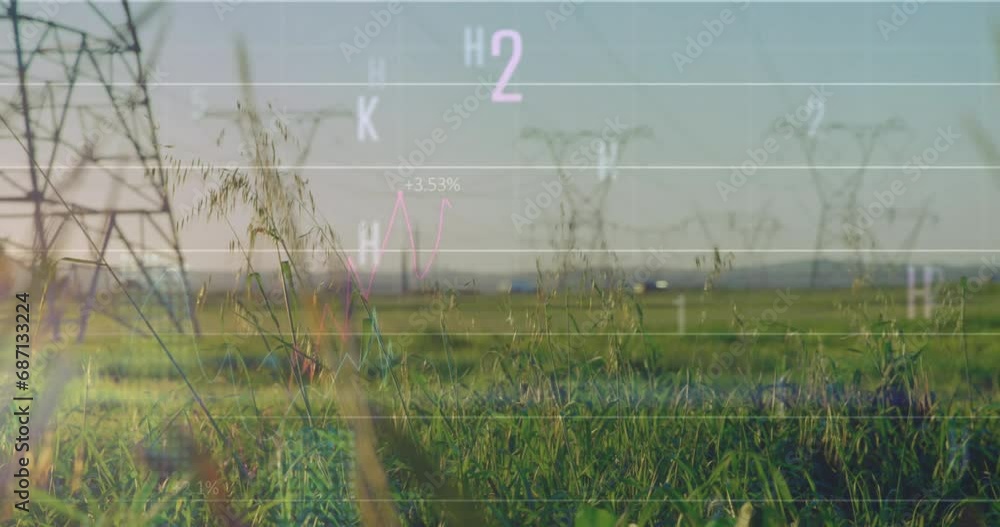Poster animation of data processing over electricity pylons on field and moving cars