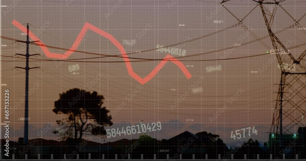 Poster Animation of financial data processing over electricity pylons on field