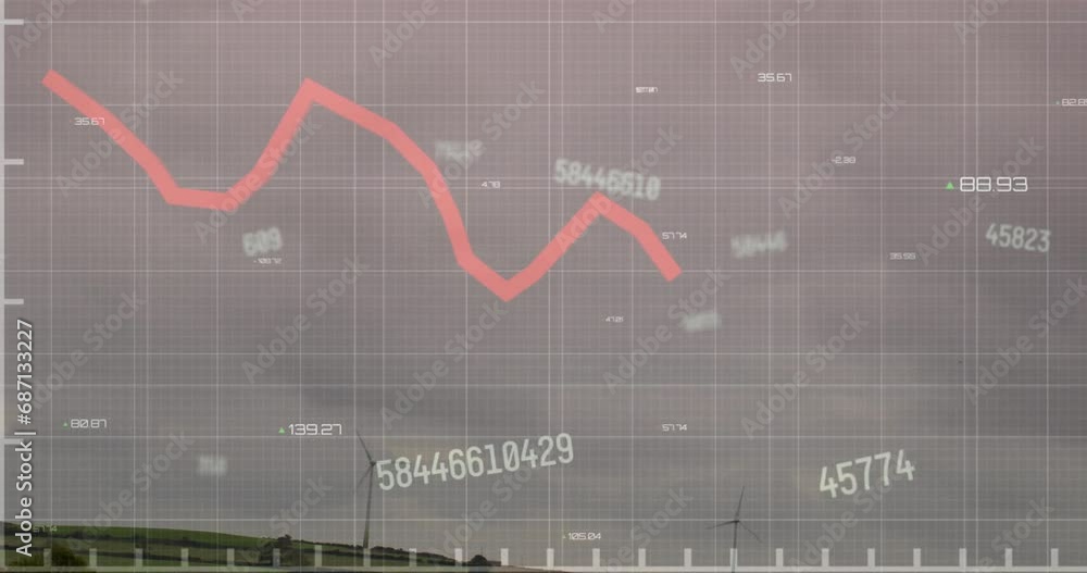 Poster animation of financial data processing over wind turbines on field