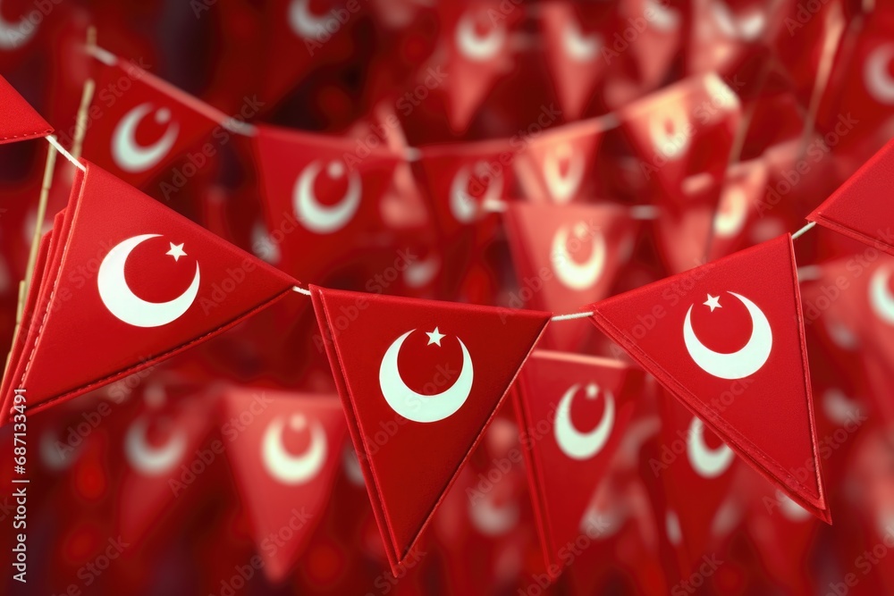 Poster a picture of a bunch of red flags with white crescents. this image can be used to represent a variet