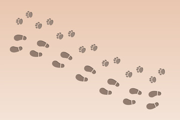 Dog or cat footprints and human shoes footprints on the beach sand. Step footprints paths. Vector illustration.