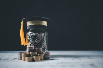 Saving money coin with banking investment, finance education concept. Planning student loan for studying abroad for college or university degree. Future children's education fund cash. Growing
