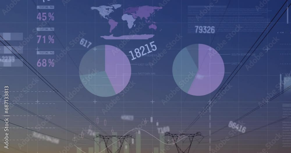 Aufkleber animation of financial data processing over electricity pylons on field