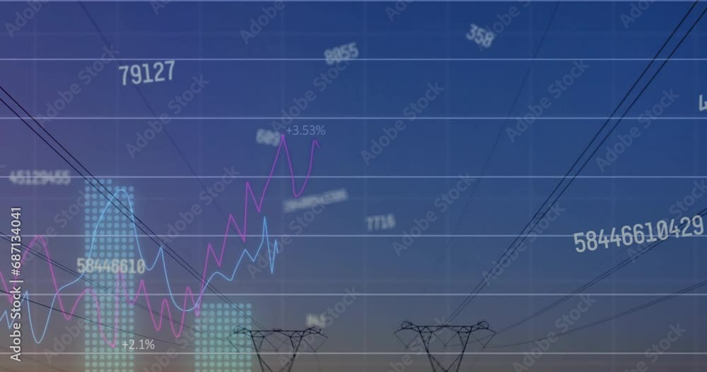 Poster animation of financial data processing over electricity pylons on field