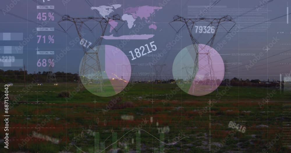 Poster animation of financial data processing over electricity pylons on field