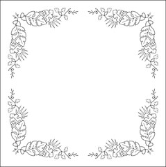 Black and white frame with tropical leaves, decorative corners for greeting cards, banners, business cards, invitations, menus. Isolated vector illustration.	