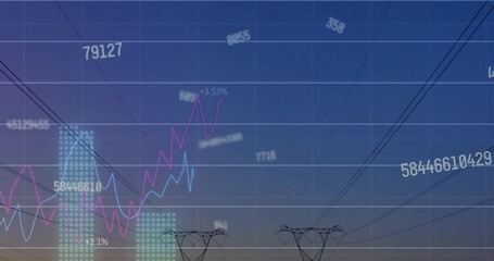 Animation of financial data processing over electricity pylons on field - Powered by Adobe