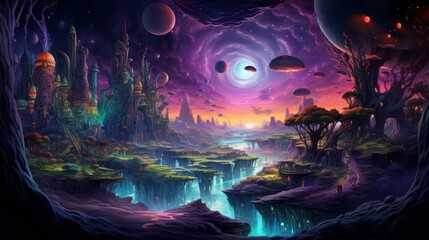 a surreal dreamscape, its vivid colors and surreal imagery creating a fantastical realm where reality and fantasy merge, inviting viewers to explore the depths of the subconscious mind. - obrazy, fototapety, plakaty