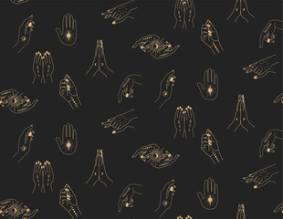 Seamless pattern with hands. A woman casts a spell. Magic hands. Palm tattoos. On a dark background. Gold on black background