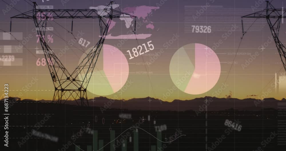 Aufkleber animation of financial data processing over electricity pylons on field