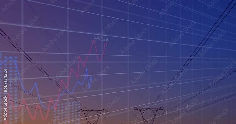 Aufkleber animation of financial data processing over electricity pylons on field
