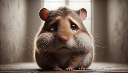 Photorealistic horizontal image of a very sad hamster. The hamster's eyes are downcast and watery,...
