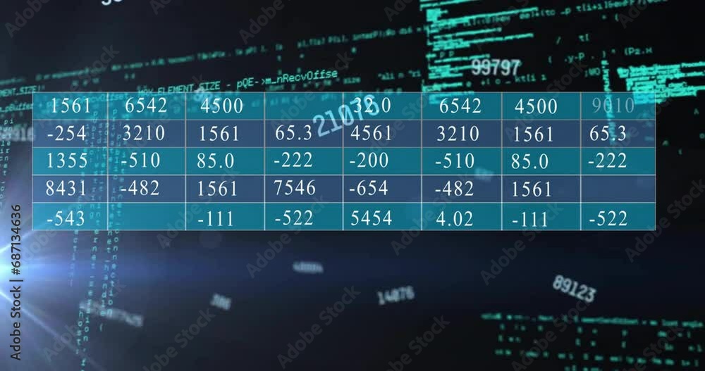 Poster animation of financial data processing over dark background
