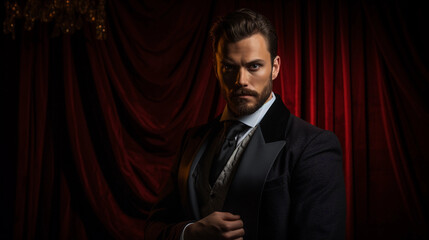 Fototapeta premium Cinematic posed portrait of an actor in character, dramatic stage costume, intense gaze, dark velvet curtain backdrop