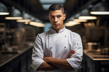 Fototapeta premium Contemporary posed portrait of a chef in a professional kitchen, crisp white uniform, confident stance, stainless steel surfaces reflecting soft overhead lights
