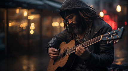 Natural portrait of a street musician in deep concentration, gritty urban setting