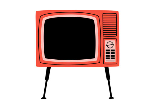 Hand drawn cute cartoon illustration of retro television. Flat vector old TV sticker in colored doodle style. Vintage broadcasting device for watching news or movies icon or sticker. Isolated.