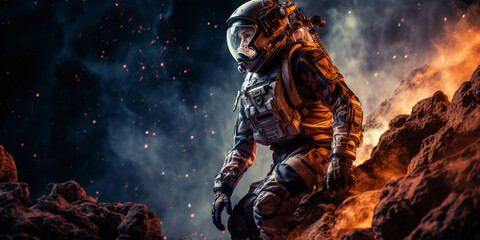 portrait of a female astronaut, full gear, against a backdrop of the cosmos, striking contrast, detailed space suit - obrazy, fototapety, plakaty