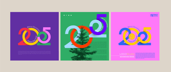Set of Happy New Year 2025 with typography colored number logo. 2025 New Year celebration. Creative concept of posters. Minimalistic vector trendy backgrounds for branding, cover card, banner, poster.