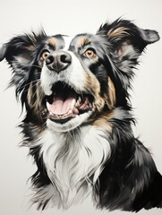A painting of a dog with a big smile.