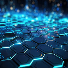 Abstract futuristic background with hexagons and blue neon lights.