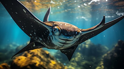 A close encounter with a majestic manta ray gliding gracefully through the water, its large wings...
