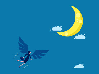 Obraz na płótnie Canvas Intention, business success. woman with angel wings flies to the moon. vector
