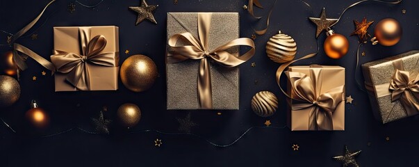 Festive christmas celebration decorative gifts presents and ribbons on golden holiday background. Winter wonderland. Festive surprise gifts with beautiful decorative ribbon and gold accents