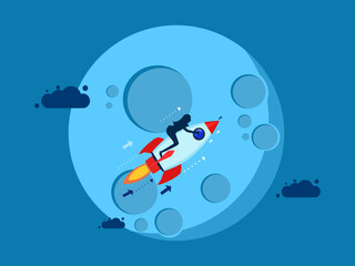 High growth business. Businesswoman rides a rocket to the moon vector