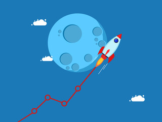 Naklejka na ściany i meble Stock trading or higher stock prices. Flying rocket takes growth chart and flies to the moon. Vector