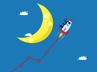 Stock prices grow. team of businessmen controls a rocket flying a growth graph to the moon. Vector