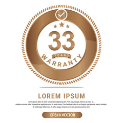 33 Year warranty vector art illustration in gold color with fantastic font and white background. Eps10 Vector