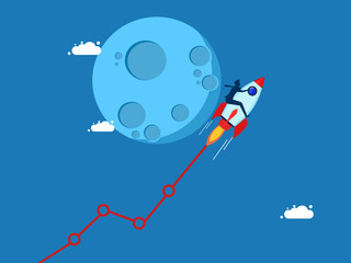 Stock prices grow. businessman controls a flying rocket taking a growth graph to the moon. Vector