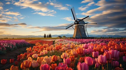 A charming wooden windmill surrounded by tulip fields, with the vibrant flowers creating a picturesque and iconic springtime scene, windmill, mill, wind, sky, dutch, landscape - obrazy, fototapety, plakaty
