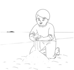 Boy playing in the sand on the beach by the sea outline stroke drawing