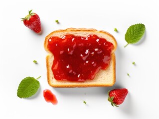 Toast spread with strawberry 3D close up, cutout minimal isolated on white background, realistic jam-filled bread and strawberry, icon, detailed. Grocery product advertising