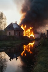 Urban inferno fire engulfs village, with burning cars, roads, and skyscrapers due to war or missile strike. Chaotic scene of city engulfed in flames and destruction of a large-scale urban fire.