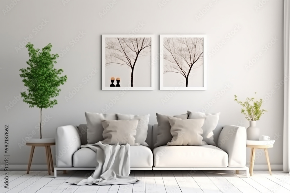 Canvas Prints Mock up for two square frames, minimalist living room interior with a blank frame, gray sofa, indoor plant