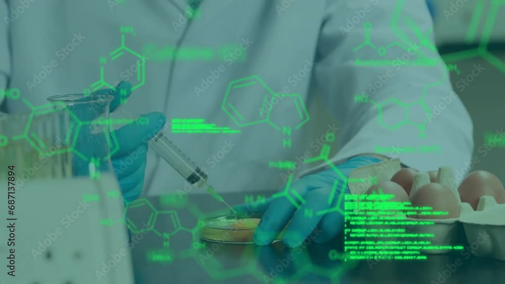 Poster animation of data processing with chemical formula over caucasian male scientist in lab