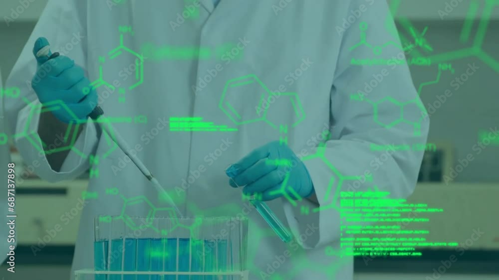 Poster animation of data processing with chemical formula over caucasian male scientist in lab