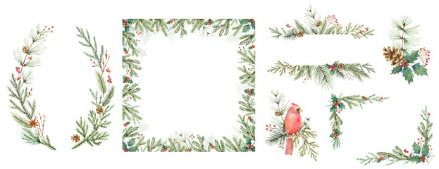 Christmas set of frames, wreaths, bouquets. Watercolor winter greenery, Cardinal bird, holly berries, fir branches. A template for a festive greeting card, invitations, decorations, fashion. 