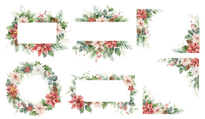 Christmas border, set of flower frames. Watercolor winter greens, poinsettia flowers, holly berries, fir branches, eucalyptus leaves. Hand drawn illustration.